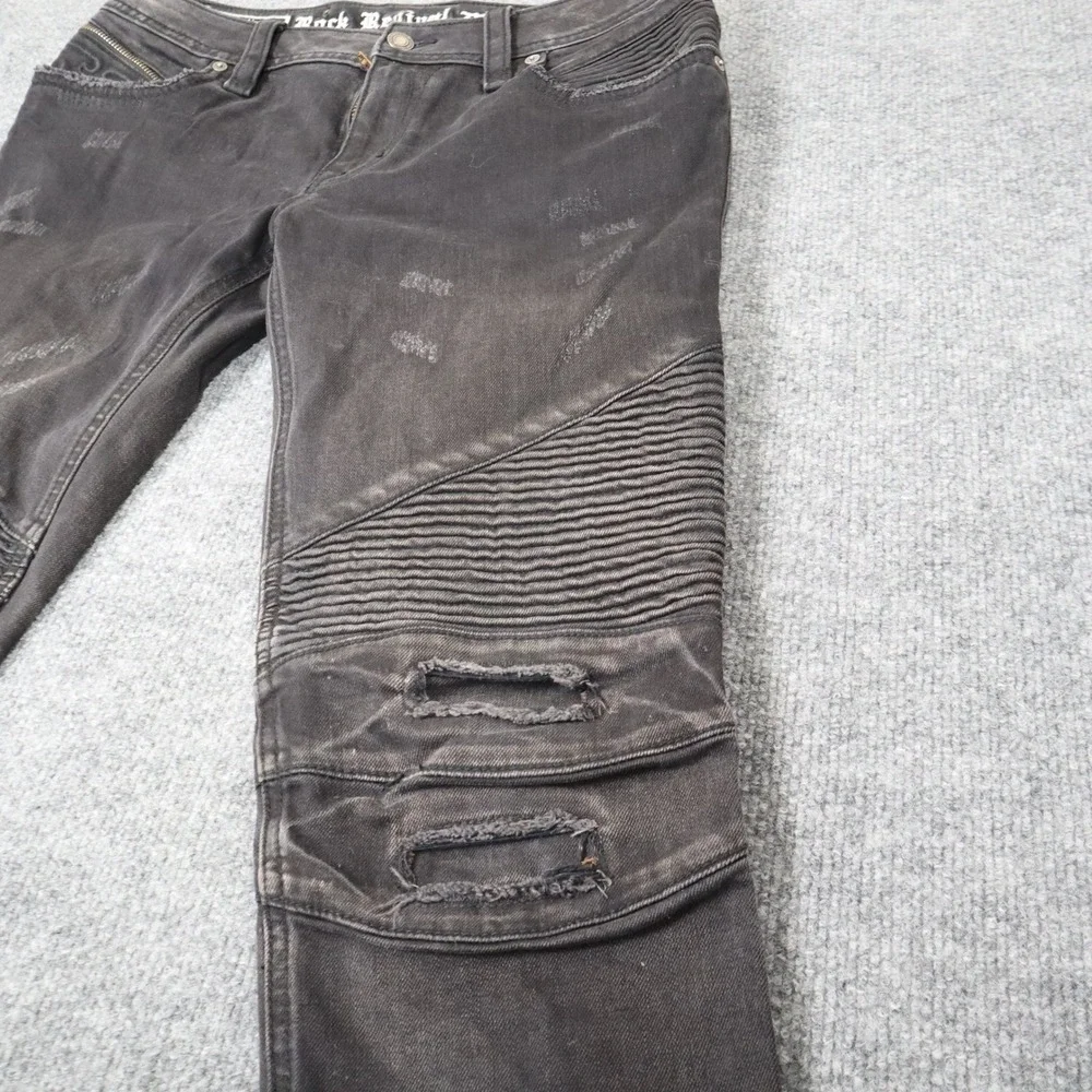 Rock Revival Moto Men Black Distressed Biker Jeans‎ Slim Fit Ribbed Details READ